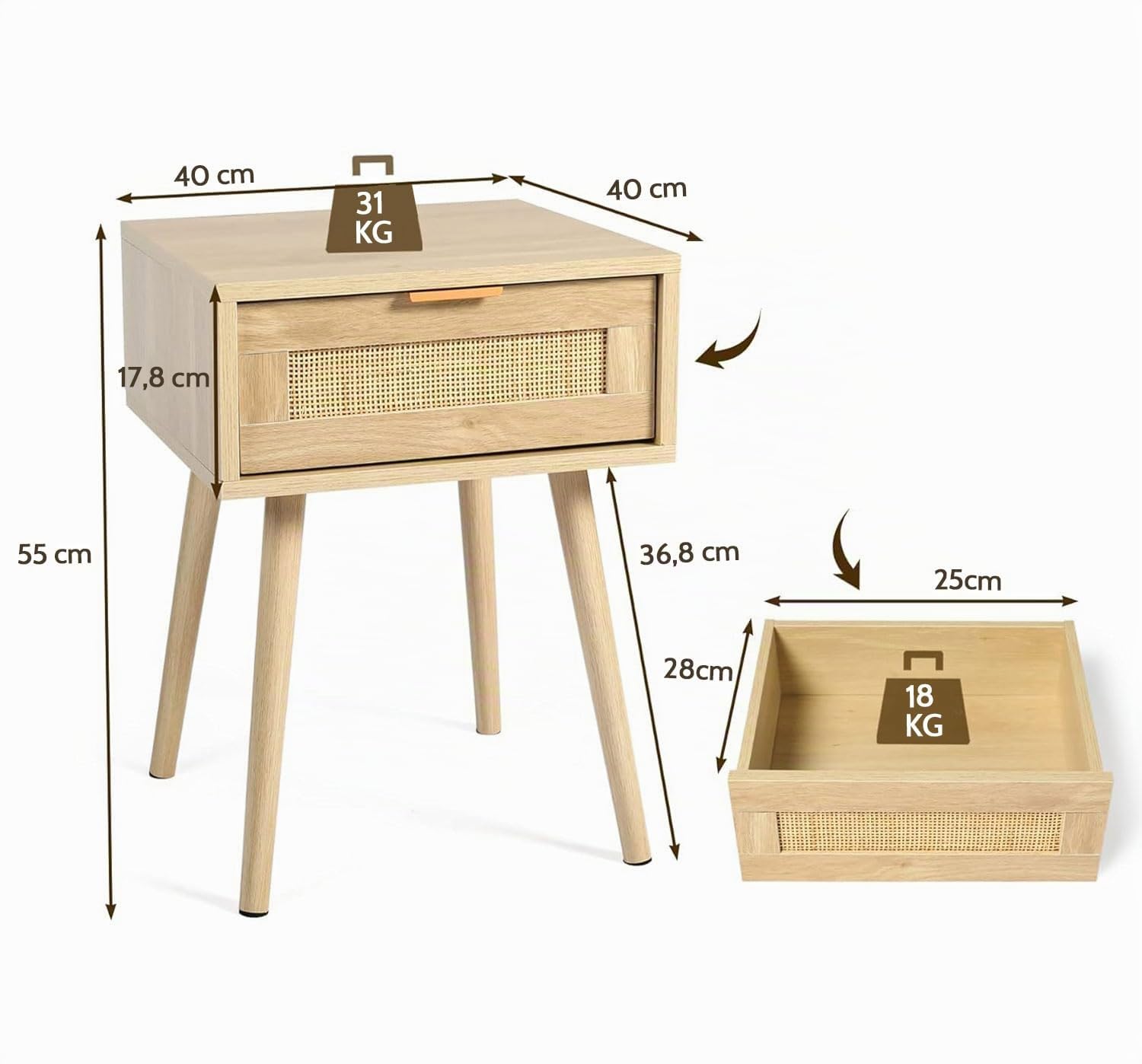 GRAVFORCE Nachttisch Rattan 2er Set Beistelltisch mit Schublade (Holzfarbe)