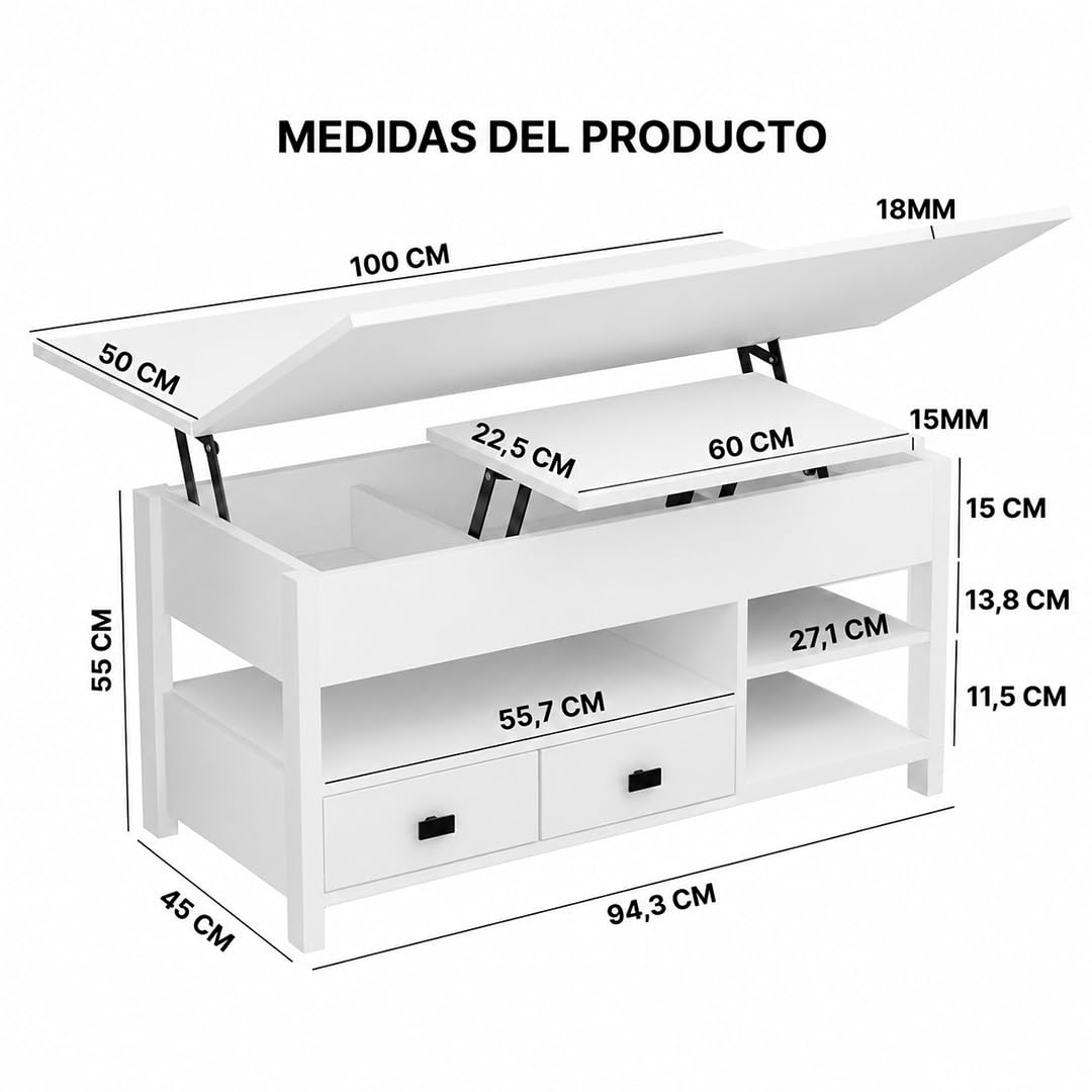 Marctani Mesa de Centro elevable 3 en 1 - Mesa de Centro Blanca con Almacenamiento Oculto y 2 Cajones, Mueble de Salón Extensible en Madera MDF para Escritorio y Comedor