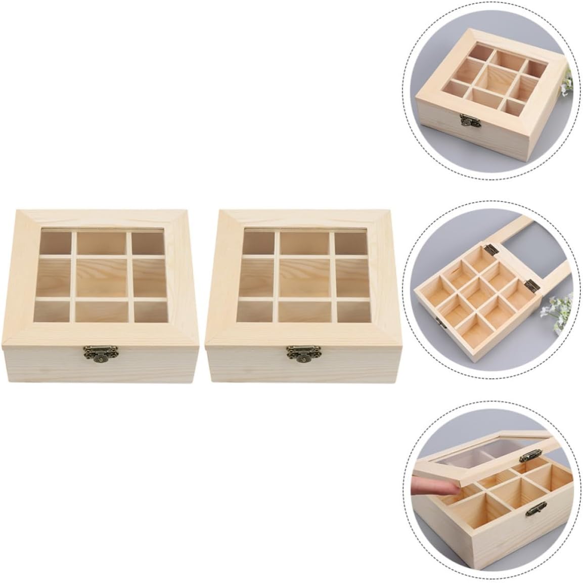 Artibetter Tea Bag Organizer Boxes Reusable 2pcs with Glass Lid Wooden Pine Storage Boxes with Lid for Tea Bags for Kitchen and Dining