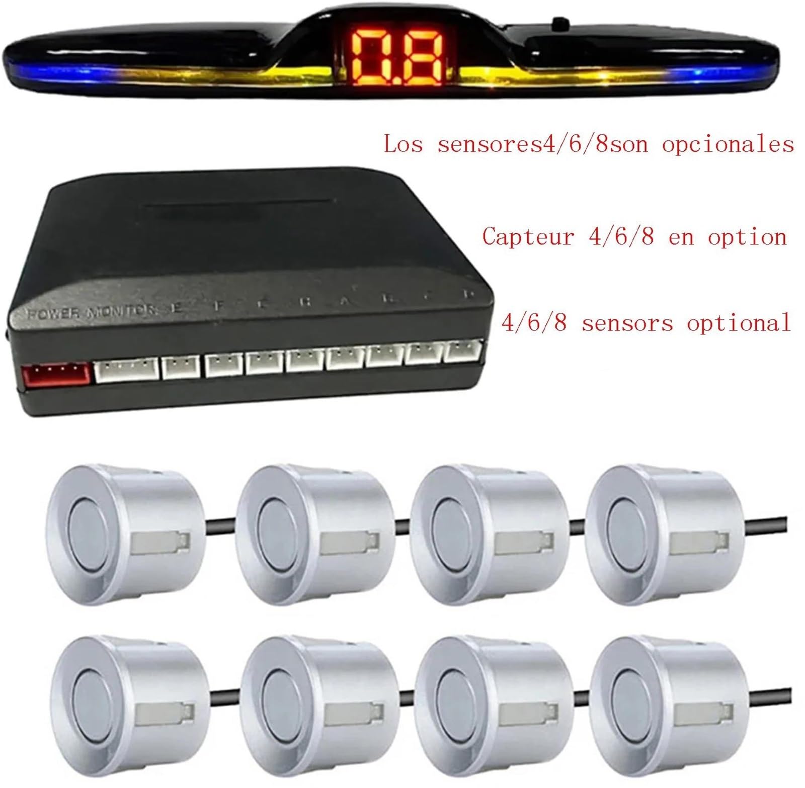 Sensor Estacionamiento PDC Kit sensores aparcamiento Radar múltiple pantalla LED tronic retroiluminación Monitor respaldo asistente detección 4/6/8 Radar Marcha Atrás(Plata,8 sensors)