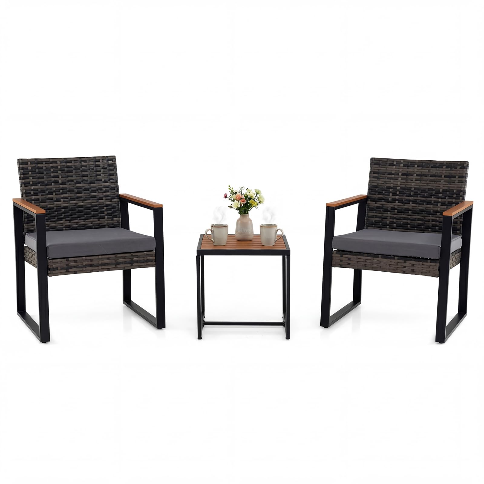 COSTWAY Set Salottino da Esterno in Rattan 3 pezzo, Set Mobili da Giardino Include 1 Tavolino Quadrato e 2 Poltrone Comode con Cuscino Imbottito e Telaio in Acciaio, per Balcone e Terrazzo (Grigio)