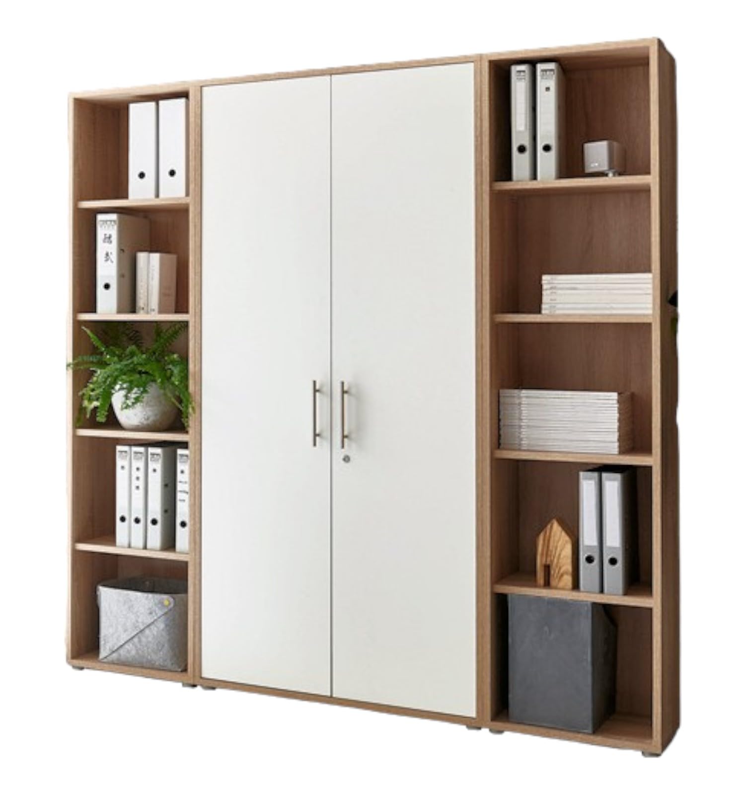Aktenschrank TABOR 3 Büroschrank abschließbar – Mehrzweckschrank & Ordnerschrank Büro, viel Stauraum, Korpus Eiche Sonoma Front weiß matt