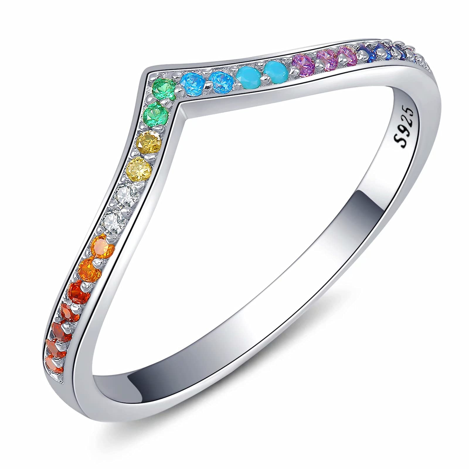 Qings Bague en Forme de V Arc-en-Ciel, Colorée CZ Bague à Chevrons Empilables Bague en Argent Sterling 925 pour Fiançailles de Mariage d'anniversaire, Cadeaux de Bijoux pour Femmes Filles