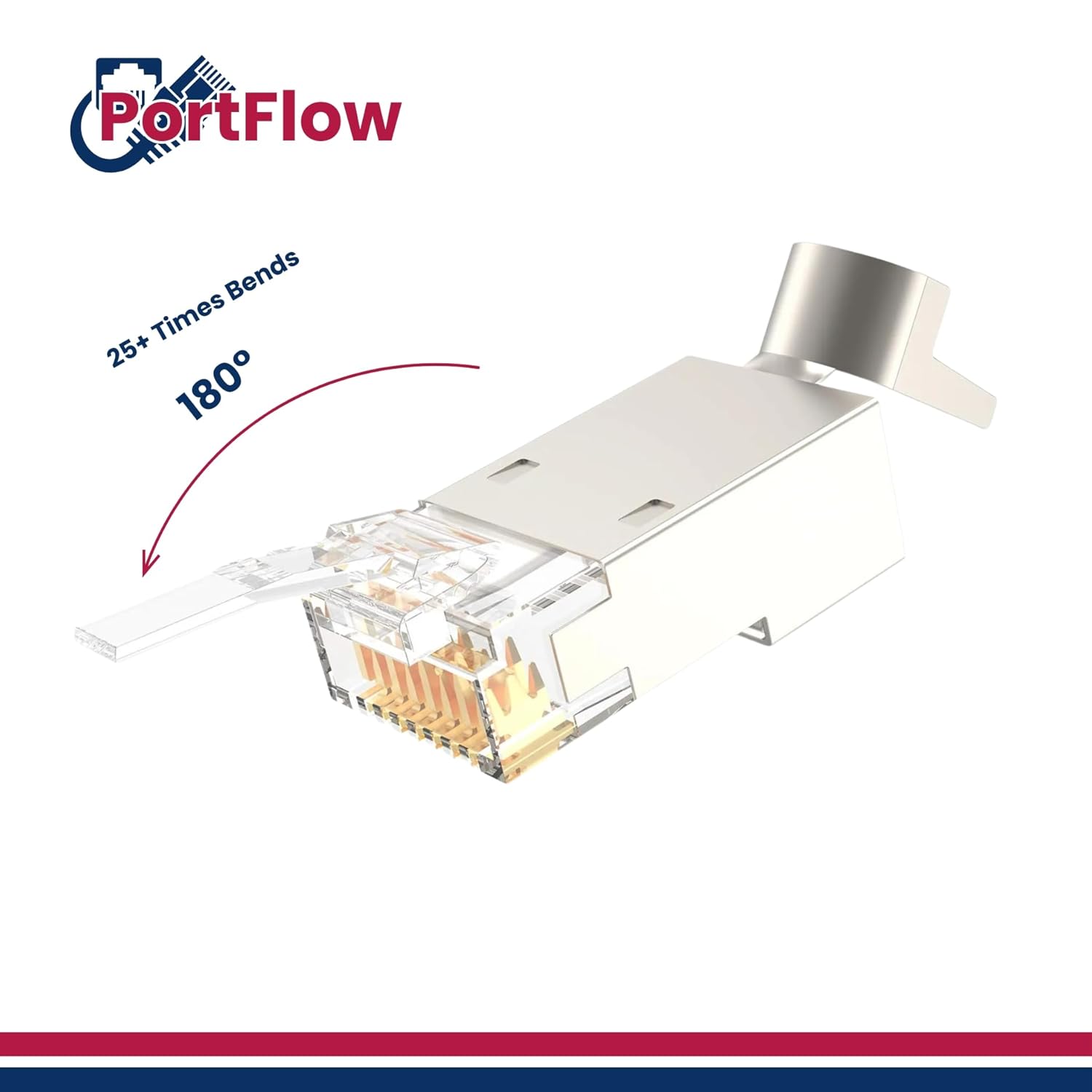PortFlow Shielded Cat6/6A & Cat7 RJ45 Pass-Through STP Modular Plugs with External Ground Connector – UL Listed EZ-Crimp Gold-Plated 3-Prong 8P8C (20-Pieces)