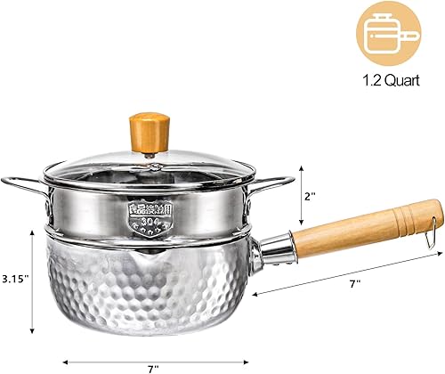 Miniatura 2 de DEAYOU Cacerola de acero inoxidable con vapor, sartén Yukihira de 1.2 cuartos de galón con tapa, olla de cocina pequeña tradicional japonesa con