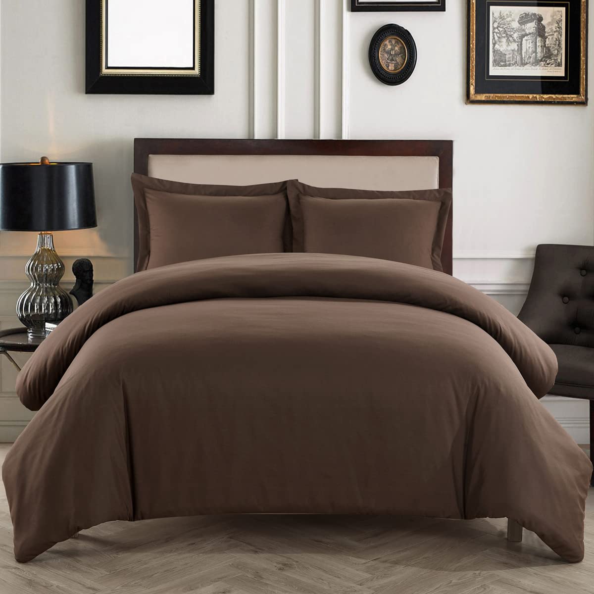 Housse de couette 220x240 cm couleur unie café avec parure de lit 3 pièces