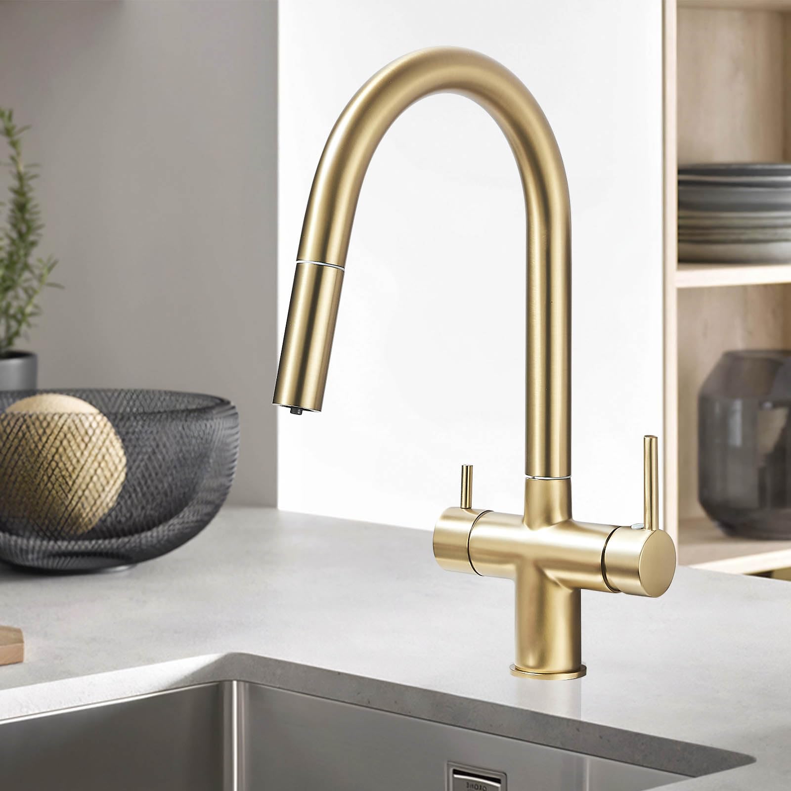 Rubinetto da cucina a 3 vie, miscelatore da cucina in oro spazzolato,Filtro via Osmose Rubinetto da cucina dorato spazzolato,Rubinetti da cucina, girevole a 360 gradi, facile installazione