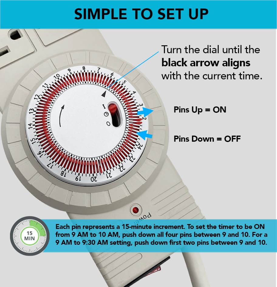 8 Outlet Surge Protector with Mechanical Timer (4 Outlets Timed, 4 Outlets Always On), Power Strip with Timer, 6 feet Cord, 1875 Watt, 125Vac, 60Hz - Tan