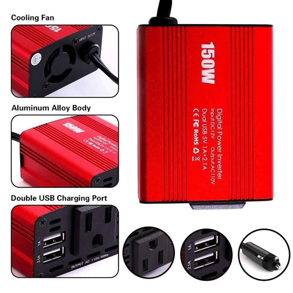 Onda Sinusoidale Pura Power Inverter 150W Auto Power Inverter Inversor DC 12V a AC 110 V / 220V 2.1A Dual USB Ports Adattatore caricabatterie auto (Color : DC 12V To AC 110V)