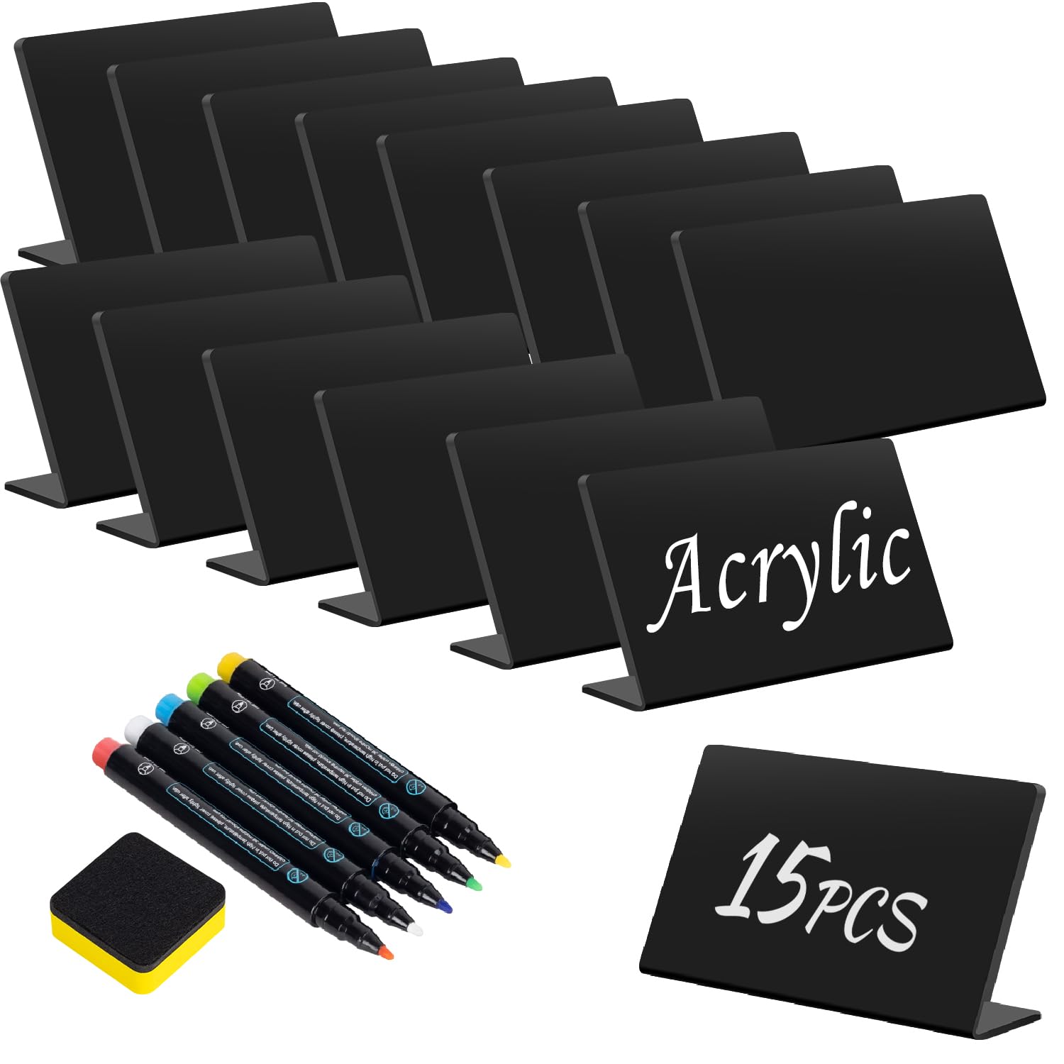 Letrero de mesa acrílico escrito a mano, mini letreros de pizarra para alimentos, 3 x 5 pulgadas, 10 etiquetas de pizarra, pantalla reutilizable para bufé, negro brillante, incluye 5 marcadores de