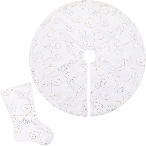 Falda de árbol de Navidad de felpa blanca de 30 pulgadas con medias de piel blanca como la nieve, falda de árbol de Navidad con lentejuelas doradas,