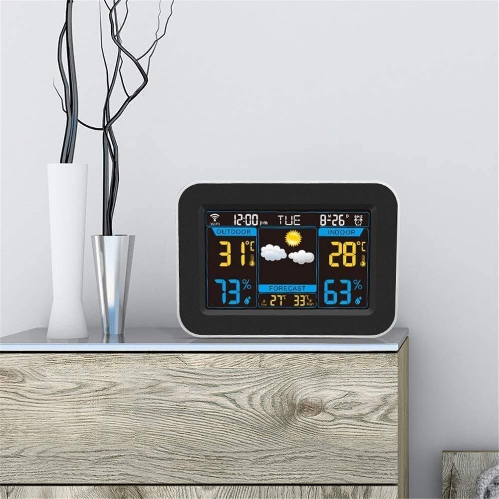 Stazione Meteo Wi-Fi |Sistema di monitoraggio remoto Interno/Esterno Mostra la Temperatura, l'umidità |Console a Colori LED Wireless con Dati previsionali (Color : Black)