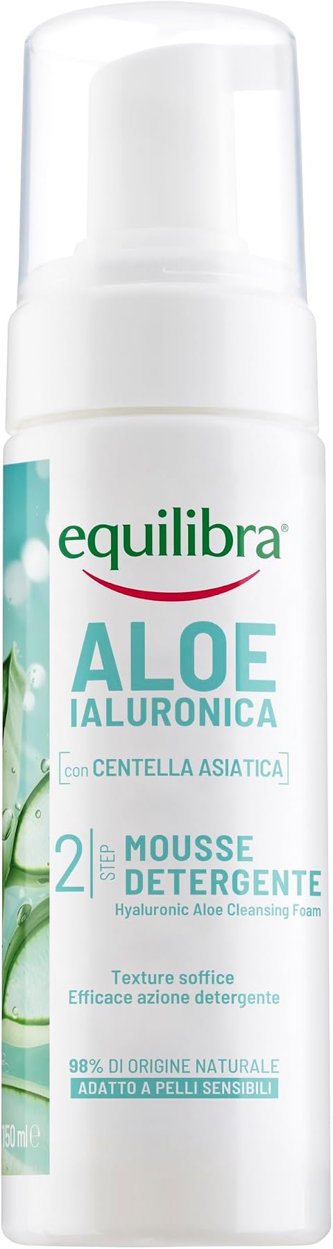 Equilibra, Aloe Ialuronica Mousse Detergente Viso, con Succo di Aloe, Acido Ialuronico ai 3 Pesi Molecolari e Centella Asiatica, Doppia Detersione, per Pelli Sensibili, Clinicamente Testata, 150ml