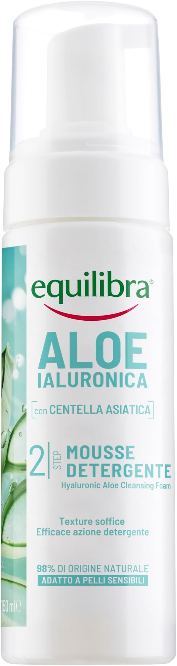 Equilibra Aloe Ialuronica Mousse Detergente Viso, 150 ml, Doppia Detersione | con Succo di Aloe, Acido Ialuronico 3 Pesi Molecolari e Centella Asiatica, Adatto a pelli sensibili, Clinicamente Testata