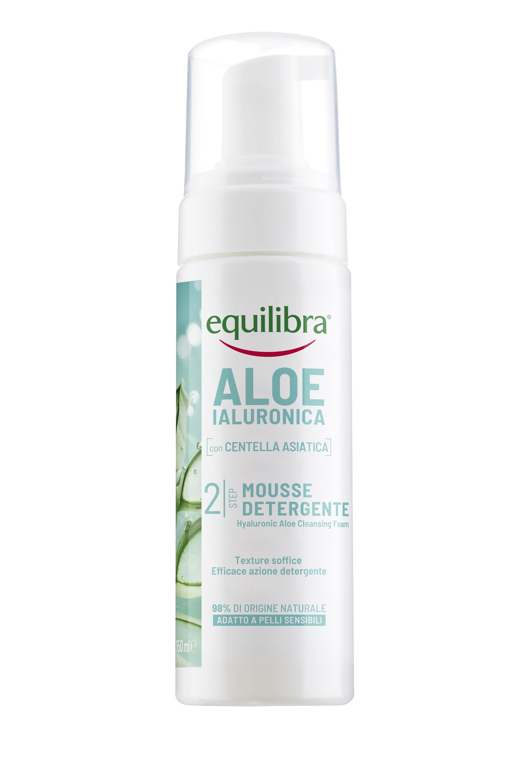 Equilibra, Aloe Ialuronica Mousse Detergente Viso, con Succo di Aloe, Acido Ialuronico ai 3 Pesi Molecolari e Centella Asiatica, Doppia Detersione, per Pelli Sensibili, Clinicamente Testata, 150ml