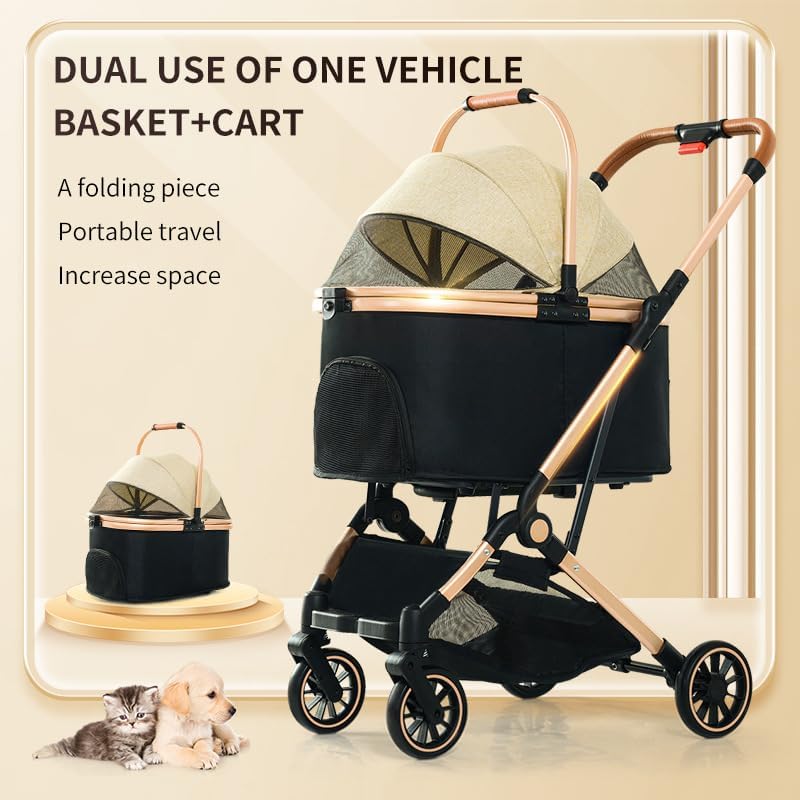 3 in 1 Pet Stroller, One-Click Foldable Cat & Dog Stroller with Detachable Carrier, Storage Basket, Removable Hanging Bag, Car Seat, Buggy for Small Dogs & Cats