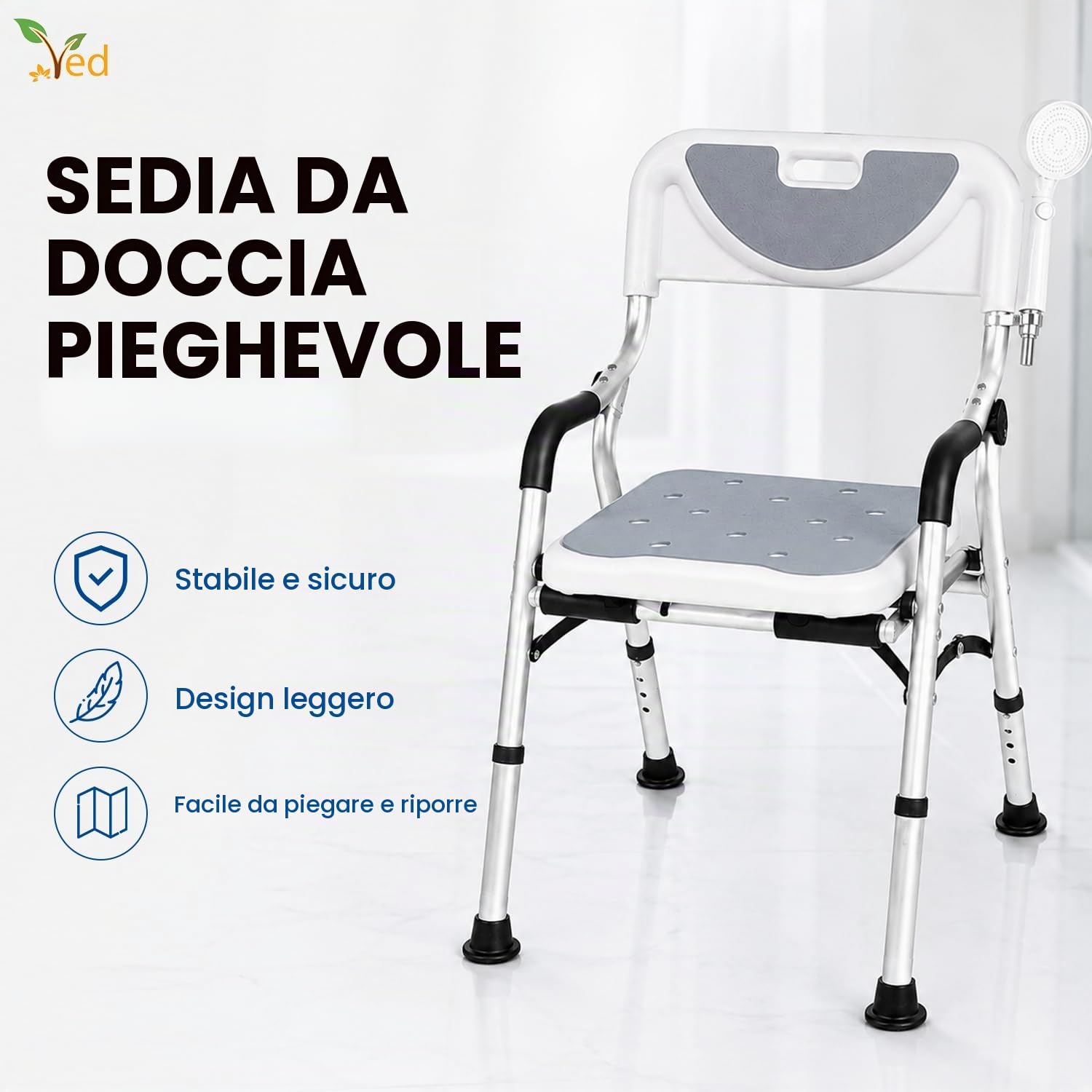 Sedia da doccia VED Stool, sedia da doccia pieghevole per vasca da bagno, sedile da bagno portatile con gambe in alluminio resistenti, regolabile con schienale per bagno.