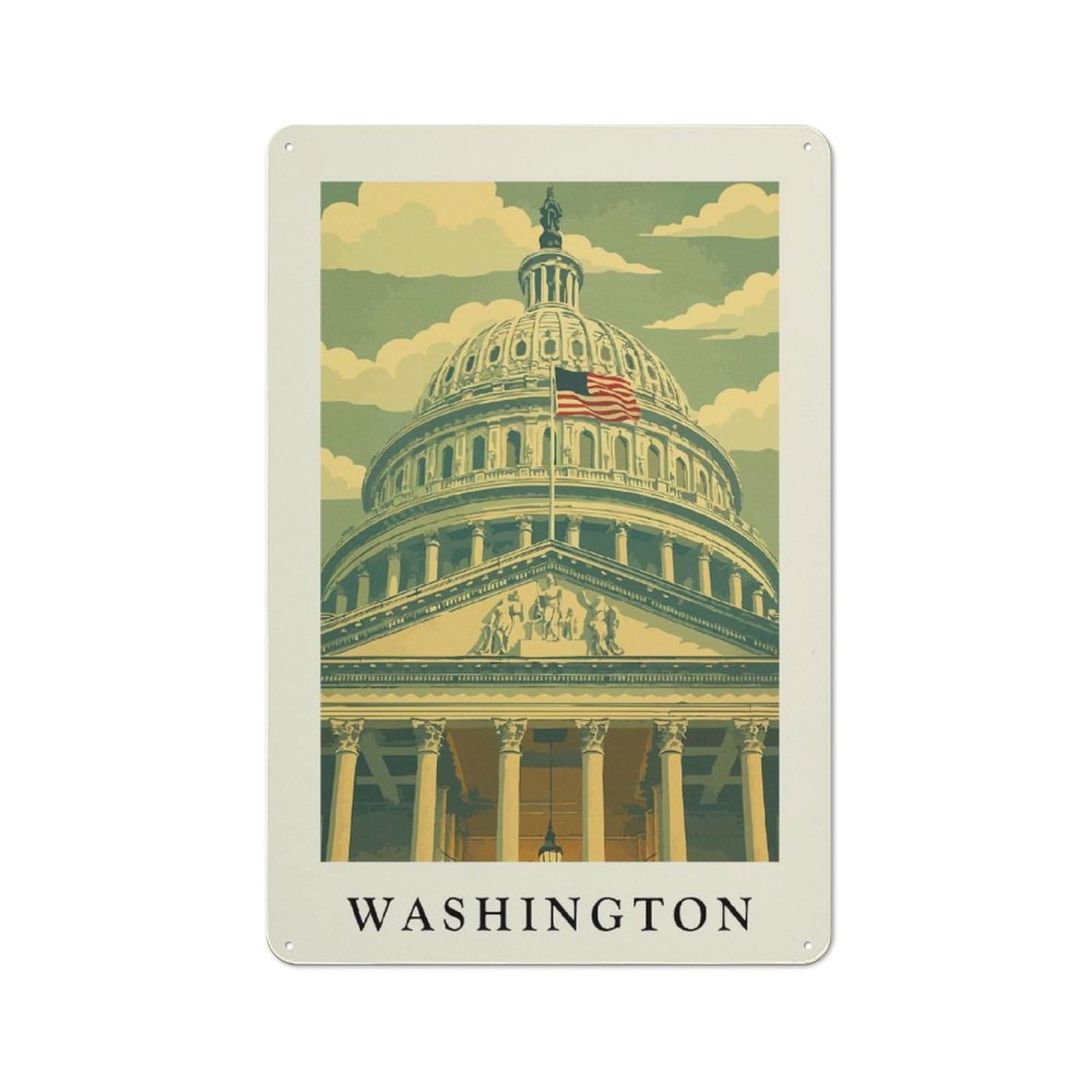 Junmoney Style-2 Tin Wall Plaque 30X20cm With Washington D.c. Capitol Building Illustration For Hallway Wall, A Decorative Metal Sign For Hallways And Entrance Areas