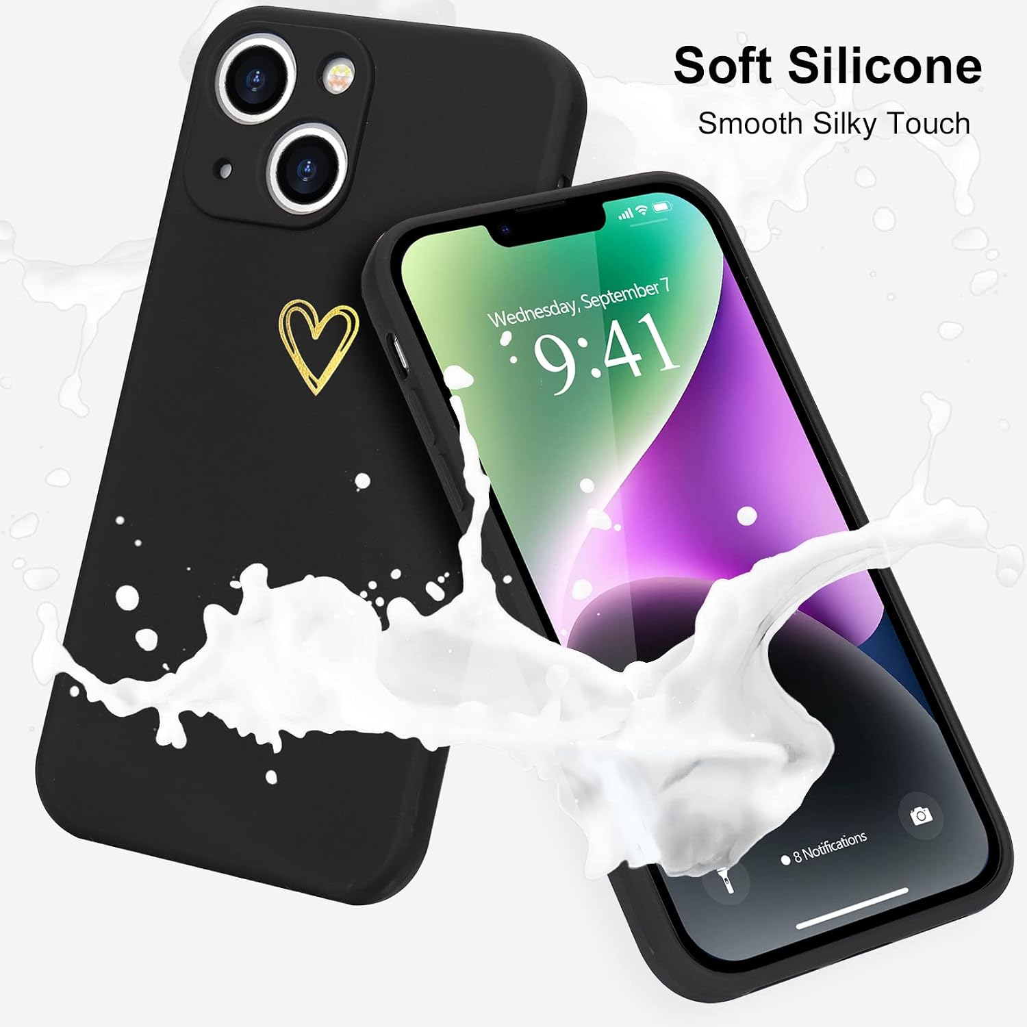Wirvyuer Compatible with iPhone 14 Plus Phone Case Cute Gold Heart Pattern Protective Shockproof Soft Liquid Silicone Case for Women Girls Slim TPU Bumper Black Cover - Image 3
