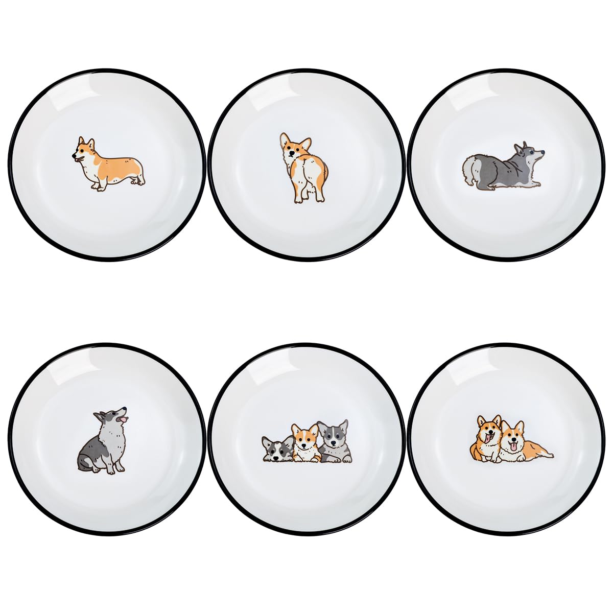 Cute Cartoon Animals Pattern Ceramic Sauce Dishes, Seasoning Dishes, Sushi Soy Dipping Bowls, Appetizer Plates, Dessert Plates, Little Cat Bird Feeding Bowls, Set of 6-Corgi-A-5 Inch