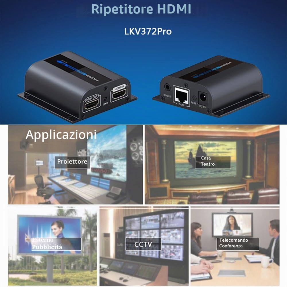 AGPTEK Estensore HDMI, 1080P 60m su singolo cavo Ethernet Cat6/6a/7/8 | Extender HDMI, con visualizzare il locale Loop-Out con blaster IR e cavi di ricezione (LKV372pro)