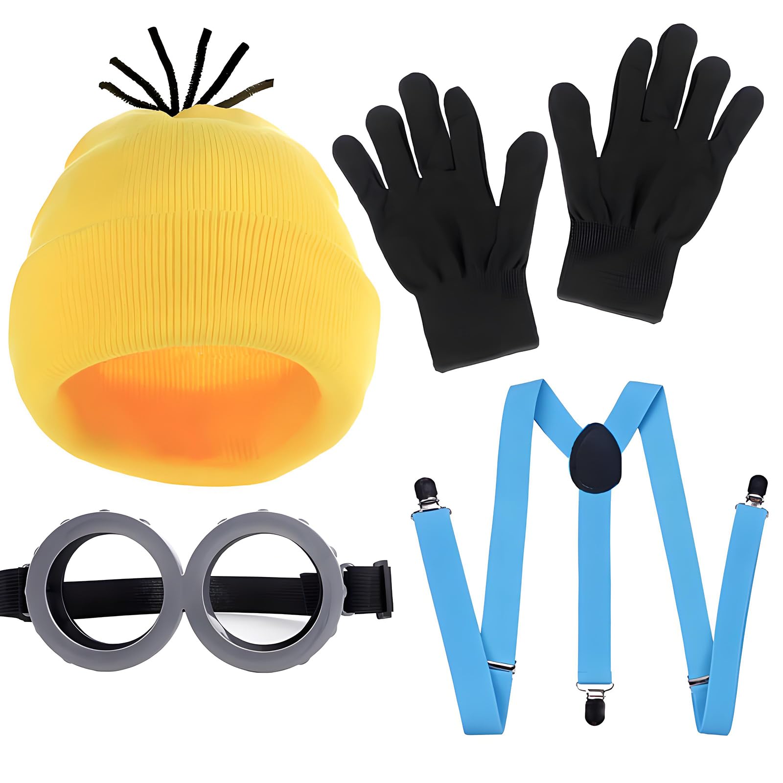AMWYODK 4Pcs Halloween Costume Set for Adult Yellow Beanie Hat Black Round Frame Glasses Gloves Suspenders for Halloween Cosplay (Light blue)