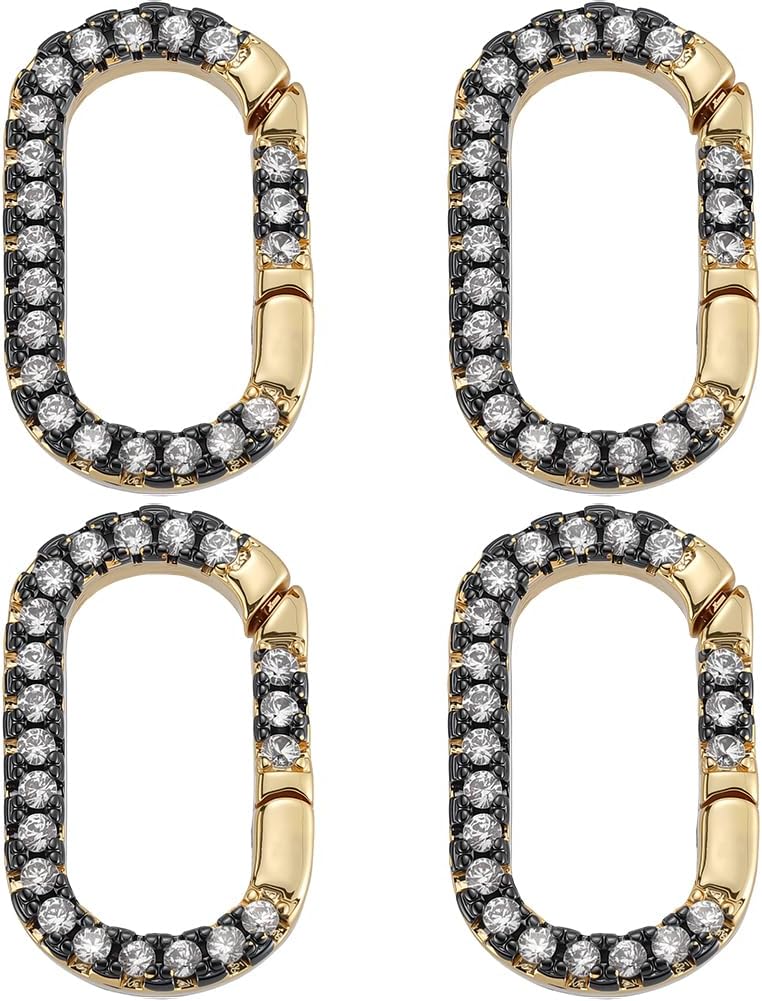 SUNNYCLUE 1 Box 4Pcs Real 18K Gold Plated Brass Oval Ring Clips Spring Gate Ring Clasp Black Clear Cubic Zirconia Closures Connector Clamp Carabiner Snap Clasps for Jewelry Making DIY Crafts Supplies