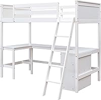 Vista 9 de Harper & Bright Designs Cama tipo loft individual con escritorio y 3 estantes, marco de cama tipo loft de madera maciza con escalera en ángulo