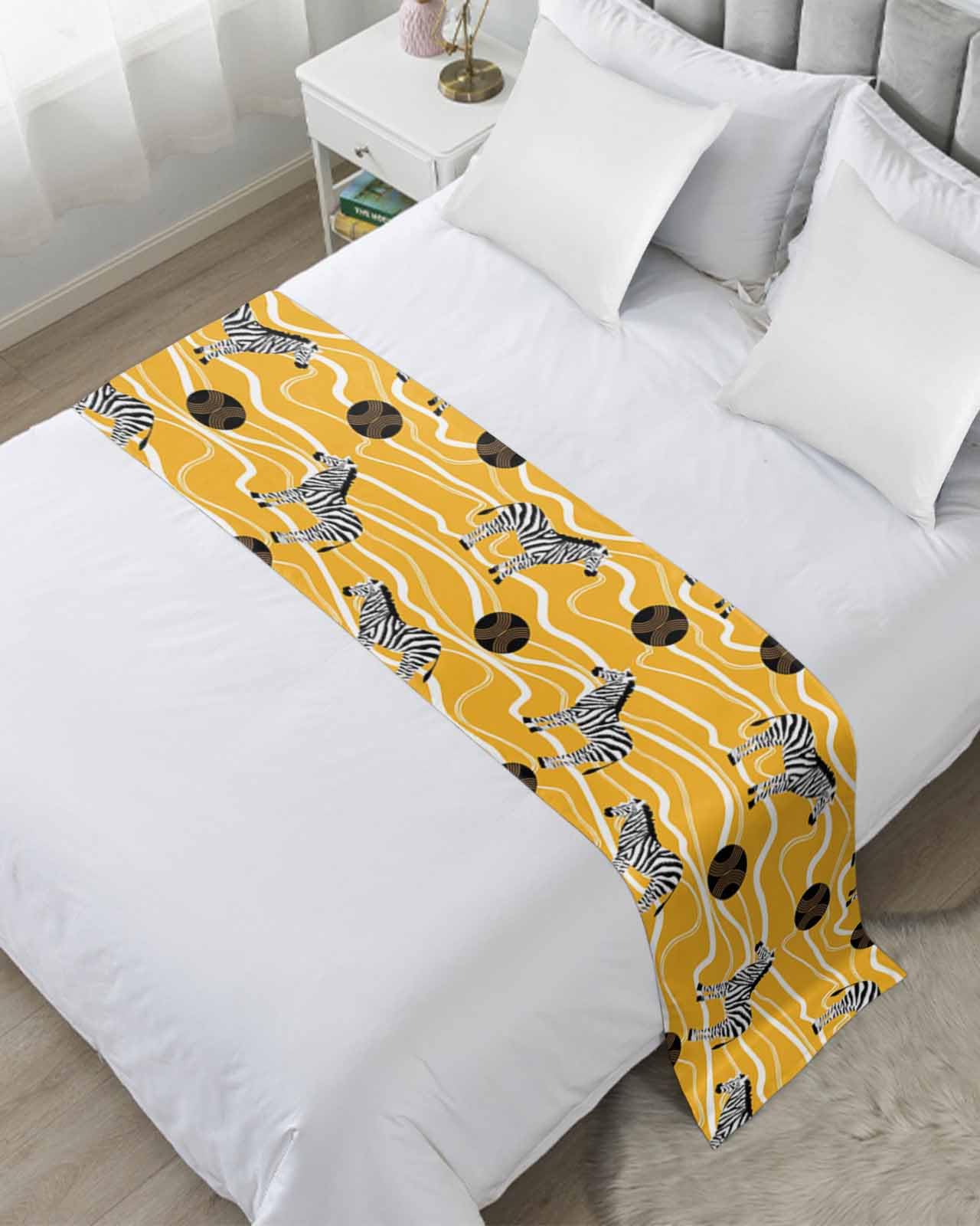 Zebra Bed Runners for King Size Bed, Decorative Bed Runner Scarve, Yellow White Striped Borwn Geometric Abstract Art Bed Throws for Foot of Bed, Bedding Protector Slipcover for Bedroom Hotel
