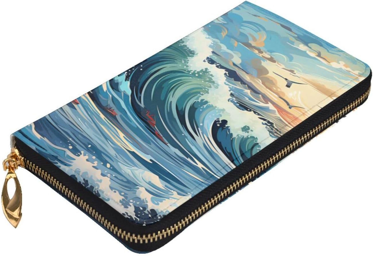 Wave Sailboat Seagull Women's wallet, clutch wallet, with zipper, large capacity.