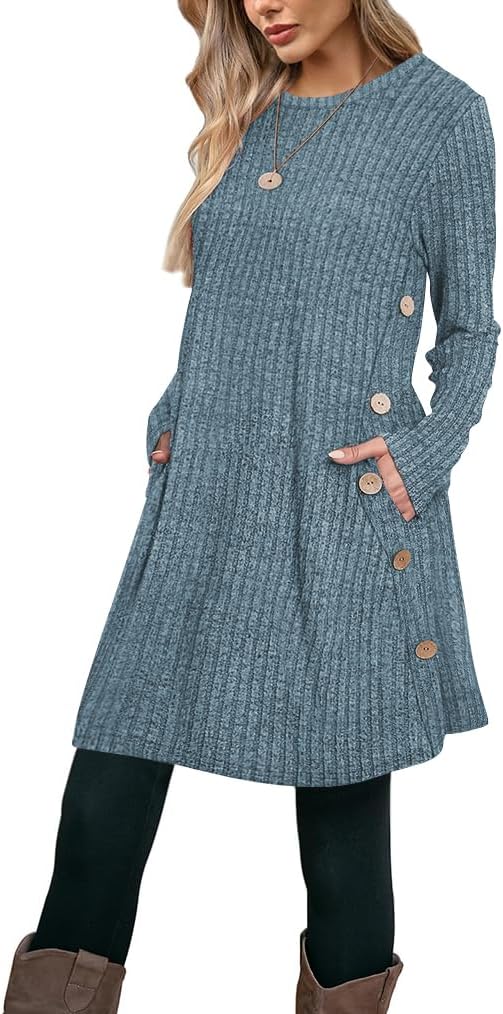 Poetsky Women Long Sleeve Tunic Tops to Wear with Leggings Side Buttons Long Shirts Rib Sweater Dress with Pockets S-3XL