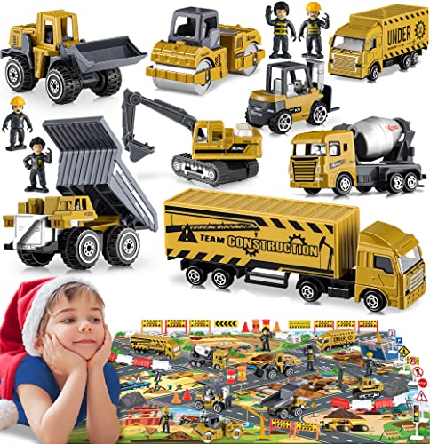 Diecast Construction Vehicles for Kids, Small Toy Construction Trucks Set Toys Cars with Road Sign, Small Construction Vehicles Site Toy Bulk Toddler Stocking Stuffers Gift for 3 4 5 Year Old Boys
