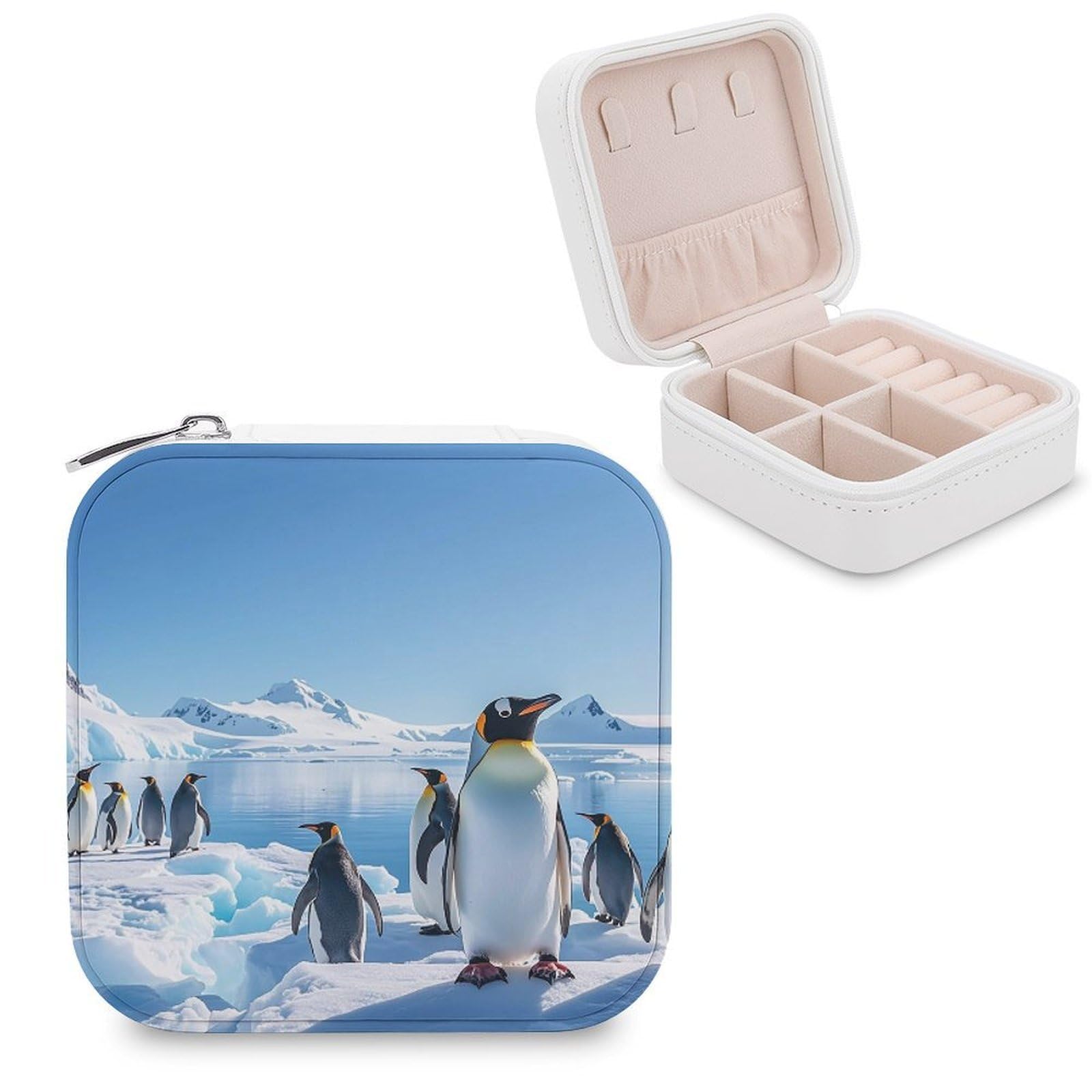 FekiLoot Penguin Antarctica Ice Jewelry Case Personalized Leather Jewelry Box Mini Travel Jewelry Case Small Portable Jewelry Organizer for Ring Earrings Necklace Bracelet