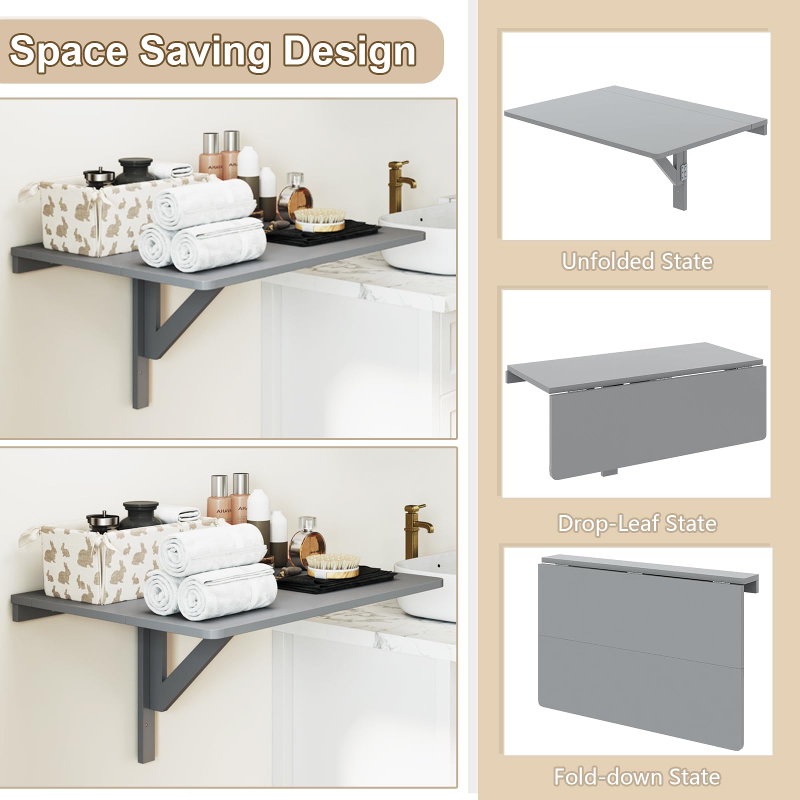 GIANTEX Wandklapptisch klein, Wandtisch Hängetisch Klappbar 80x60cm, Wandmontierter Klapptisch Esstisch, Schreibtisch Laptoptisch Wand platzsparend (Grau)
