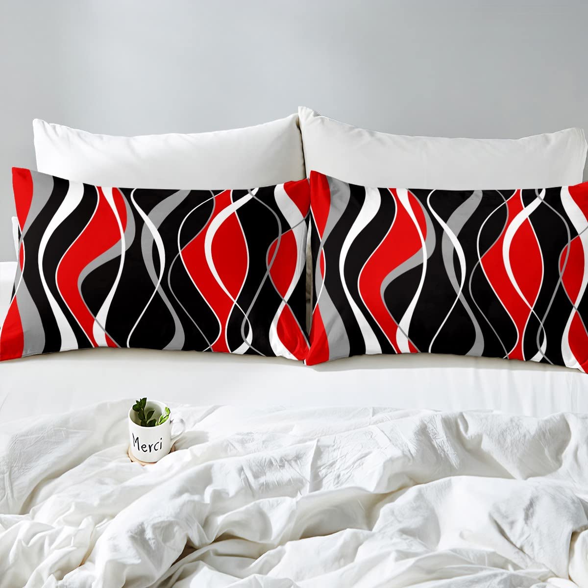 Red Black Stripe Duvet Cover Double Modern Bedding Set, White Gray Comforter Cover Abstract Line Bed Set - Image 4