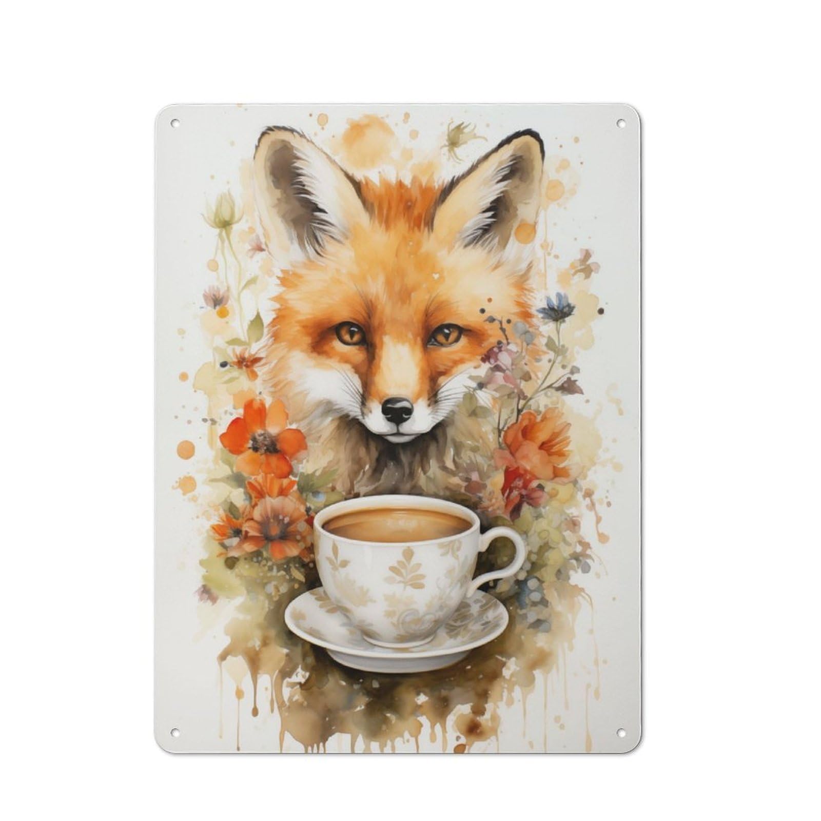 Classic Kitchen Metal Sign 40x30cm Featuring Art Fox And A Cup of Tea, Cafe Wall Decor for Restaurant, Kitchen, Counter Or Breakfast Nook