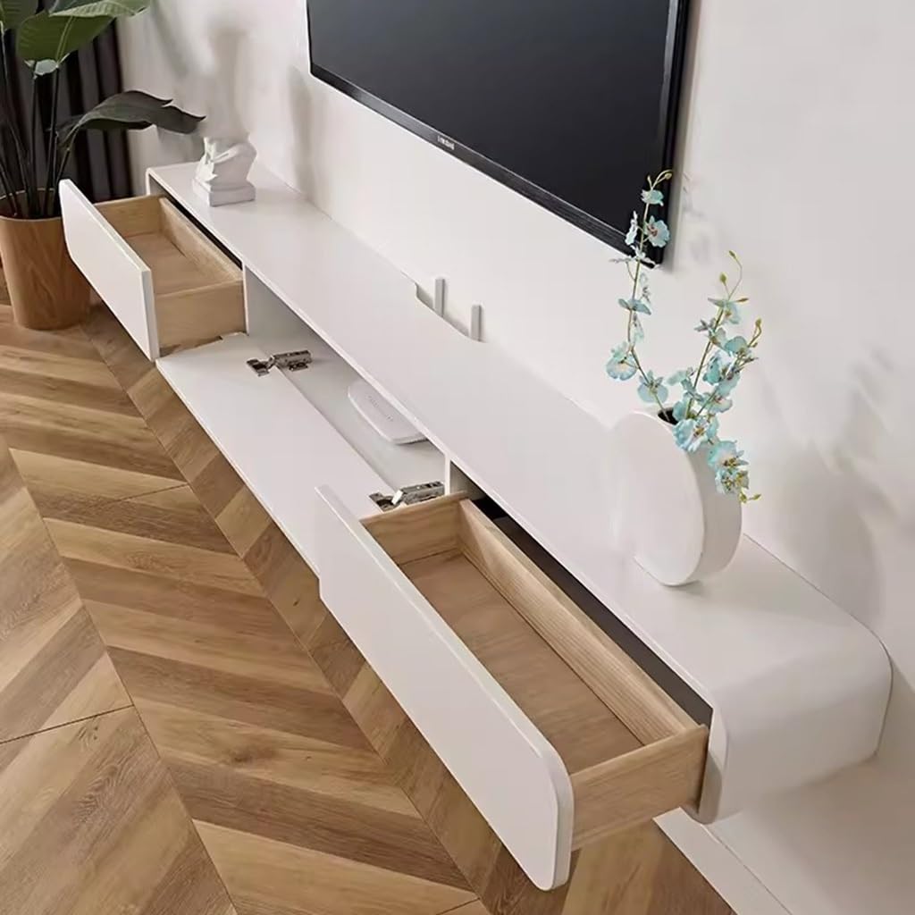 Mobile TV sospeso moderno bianco da parete, 120 cm, grande unità di archiviazione per soggiorno, panca TV con porta disponibile in 3 misure
