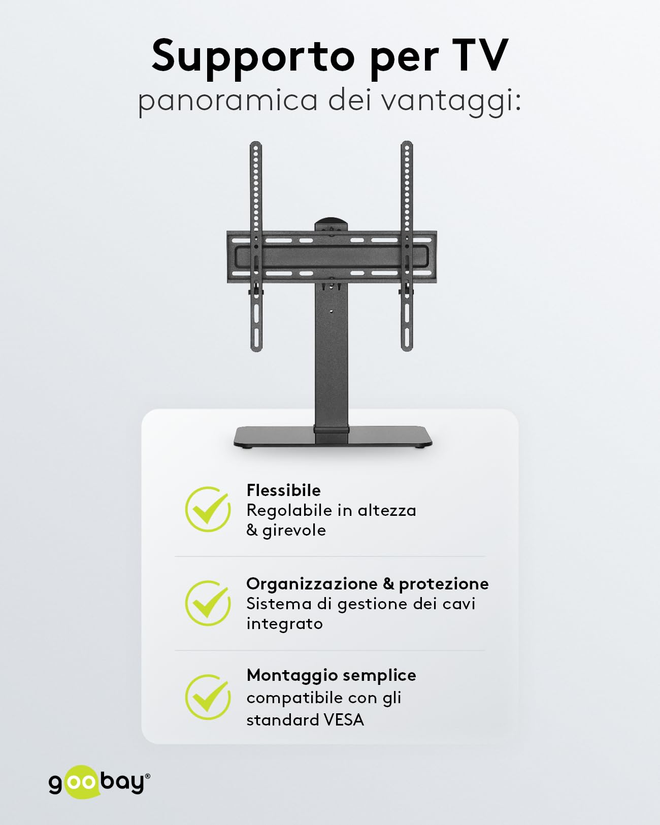 goobay Supporto TV da Pavimento 32-55 Pollici Girevole 35 Gradi Regolabile in Altezza Compatibile VESA Fino a 40 kg Base in Vetro - 58524