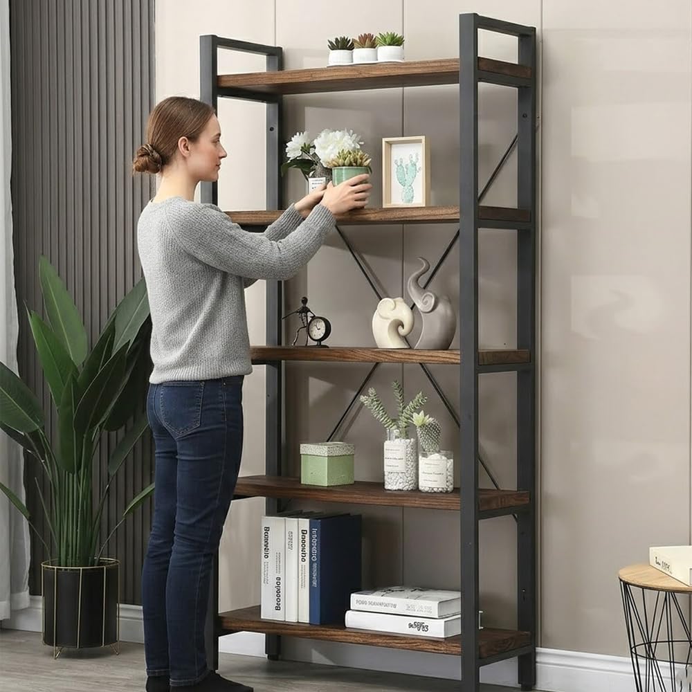 DESKIZIA 5-Tier Industrial Bookshelf with Solid Wood Shelves
