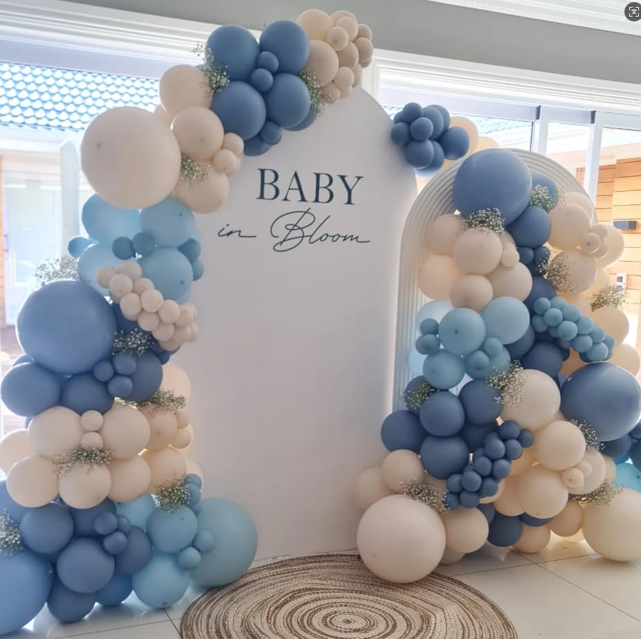 Image of Baby in Bloom Balloon Arch Kit 144pcs Dusty Blue Baby Boy Baby Shower Mom to be Boho Floral Wildflower Party Decorations (Blue)