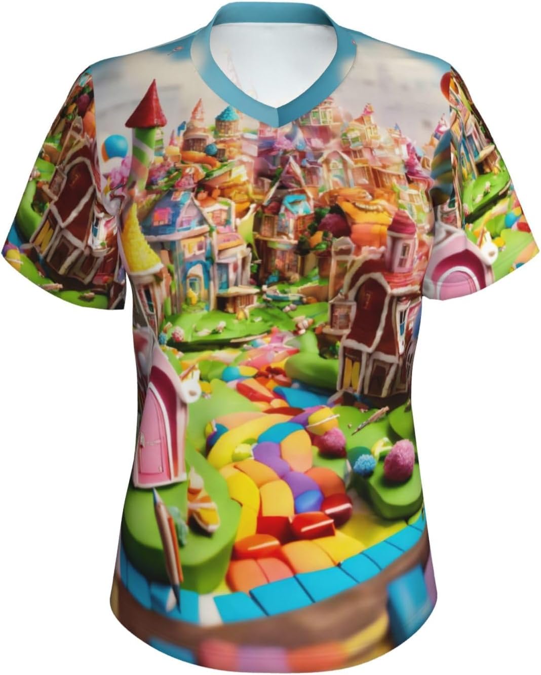 Women Casual Candy Land Print V-Neck T-Shirt Short Sleeve Summer Trendy Tops.