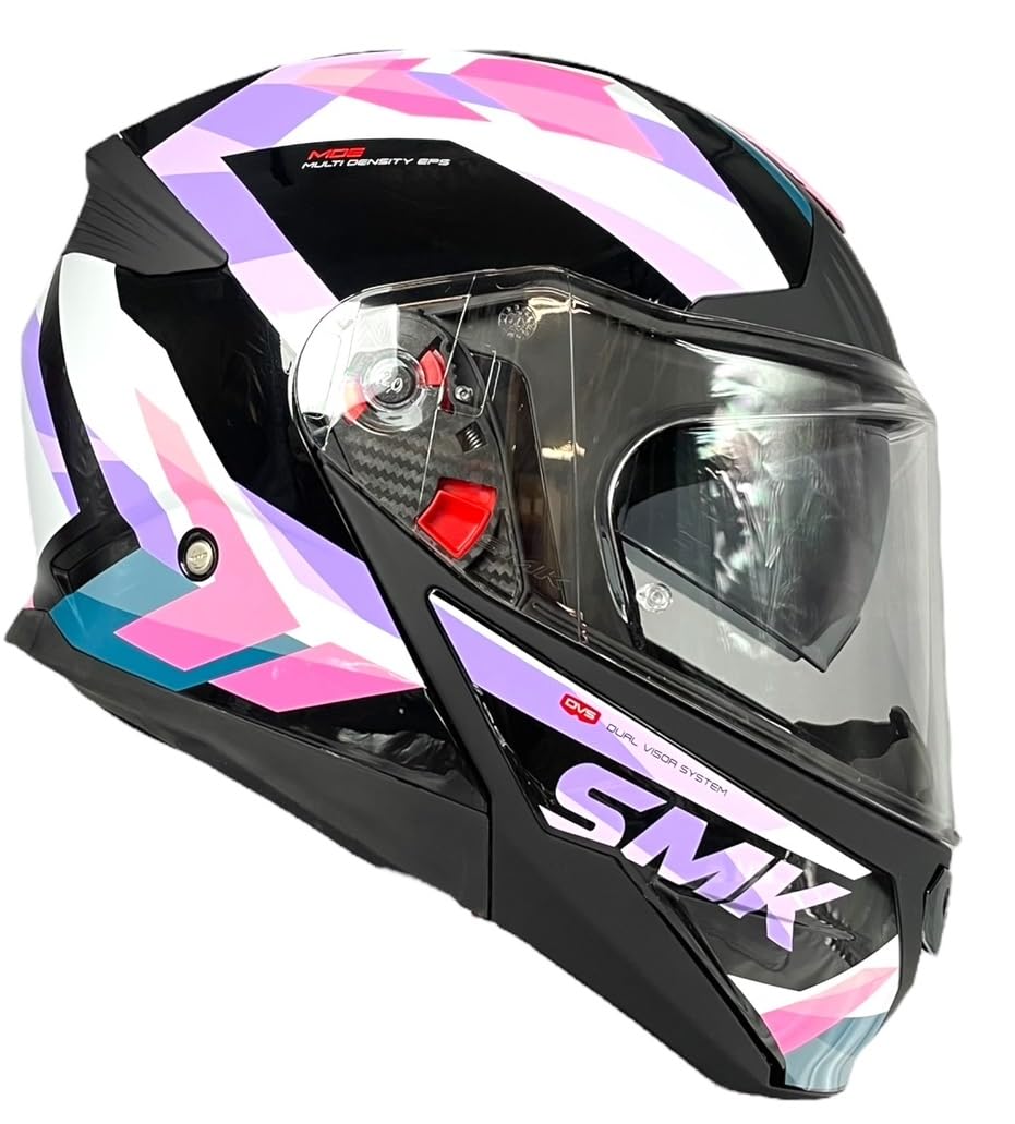 SMK Helmets Casco Modular GULLWING Charger Negro y Rosa Homologación 22.06 con Doble Visor P/J (XS 53/54)