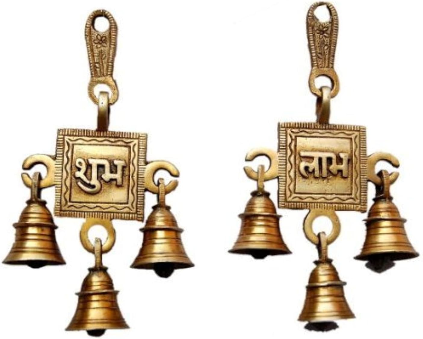 Two Moustaches Brass Shubh Labh Door Hanging Bells Set, Hanging Bells for Home Decor, Wall Decor, Ghanti for Pooja, Brass Decorative Bells, Pack of 2