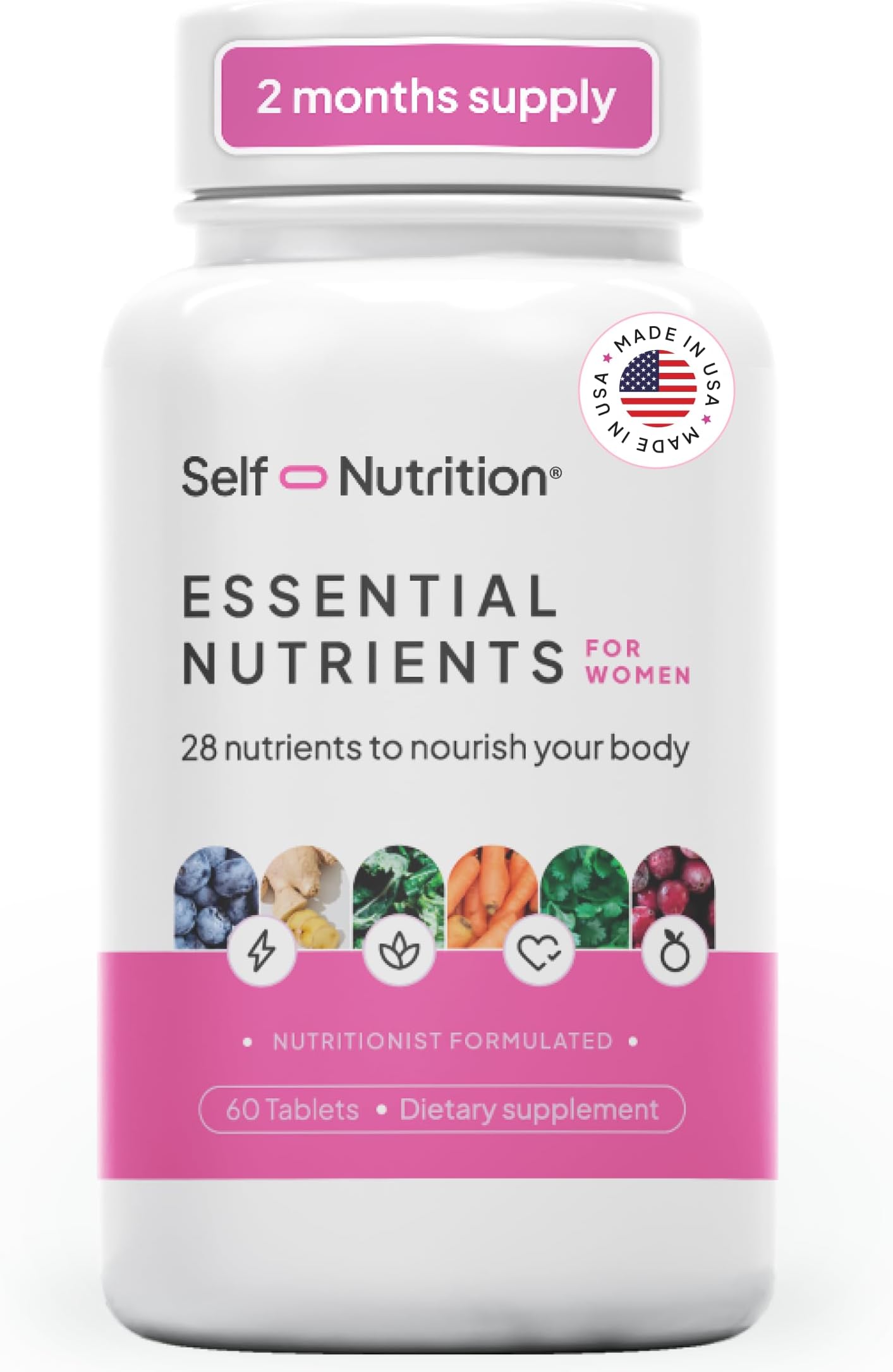 SELF NUTRITION Vegan Multivitamins for Women - Once Daily - 28 Nutrients - Boost Energy, Sleep, Hair, Skin, Nails & Reduce Cravings - Keto, Vegan, Gluten Free, Made in USA, 2-Months Supply