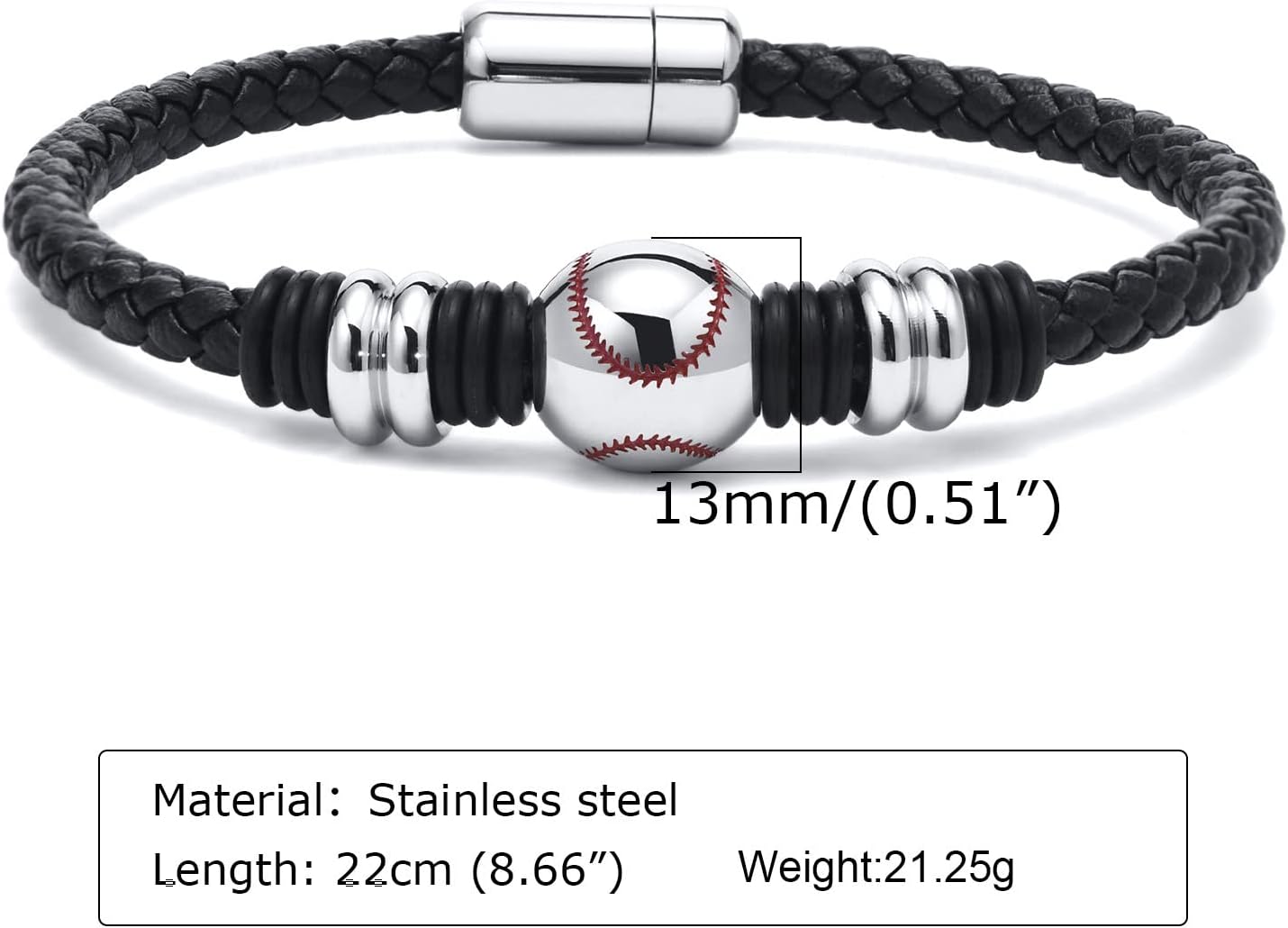 MEALGUET Personalized Baseball Bracelet for Men : Men's Genuine Braided Leather Wristband Solid Baseball Charm Bangle Bracelets with Stainless Steel Clasp,Gift for Team, Birthday Gift Jewelry