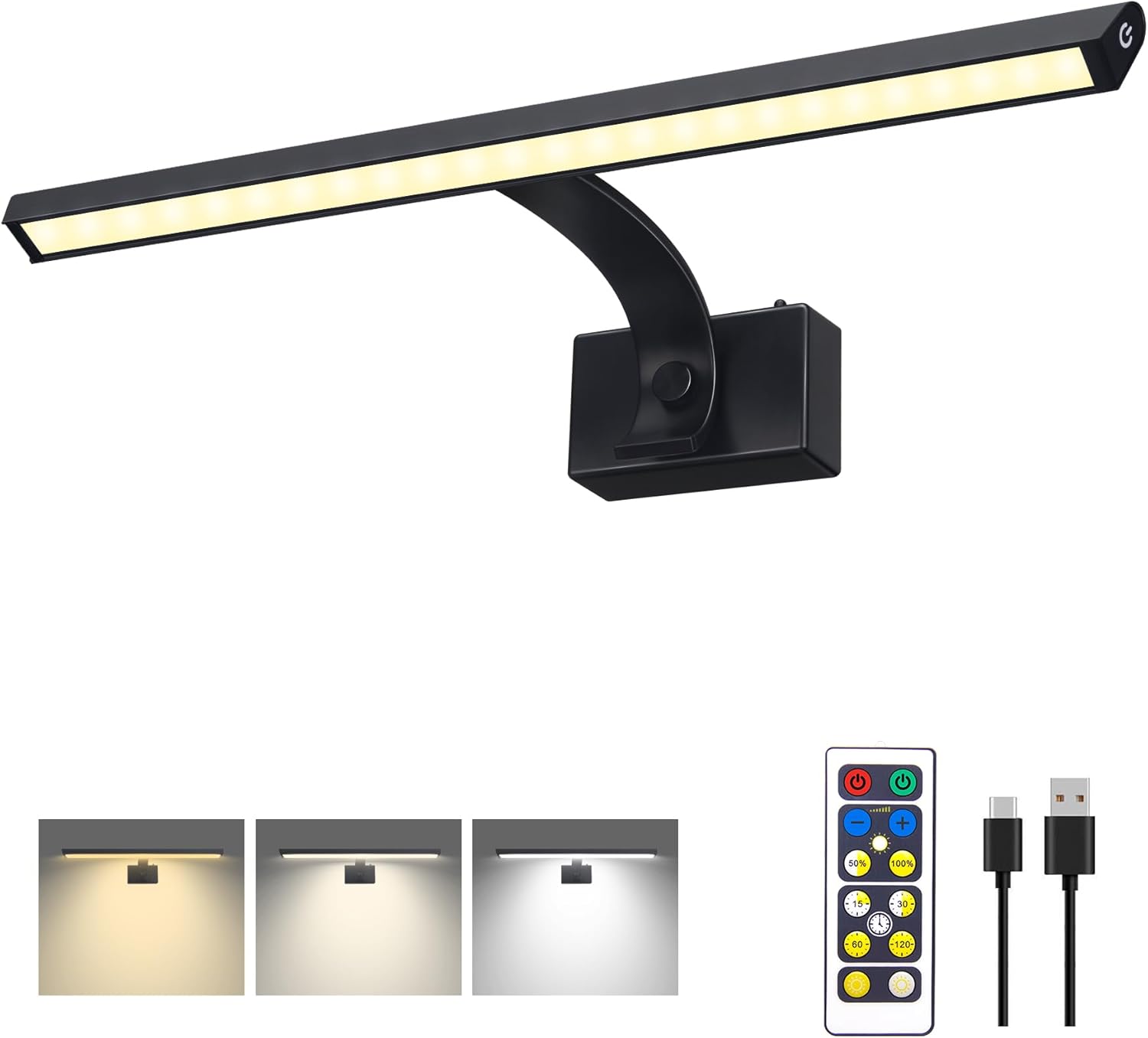 Picture Light, 16in Wireless Battery Wall Light, Art Display Light with Remote,Painting Light with Remote Dimmable and Timer for Frame, Wall Decor, Portrait,Dartboard Black-YW