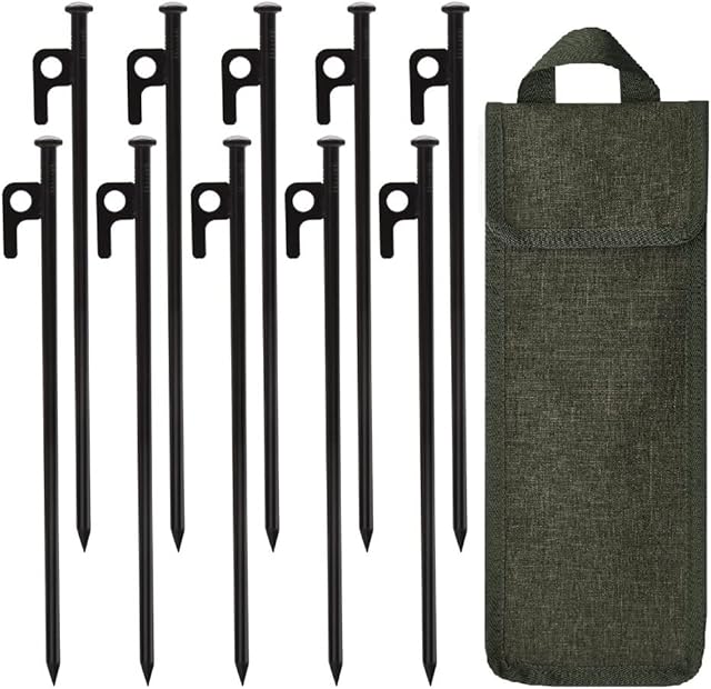 Tent Stakes, 10pcs 12in Heavy Duty Forged Steel Camping Tent Pegs with Durable Carrying Pouch, Available in Rocky Place Dessert Snowfield and Grassland