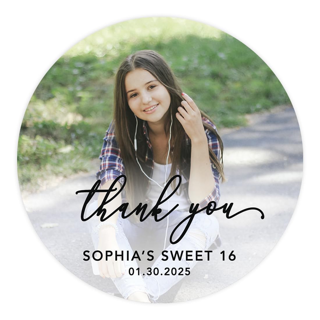 Andaz Press 40-Pack Photo Personalized 2" Round Circle Sweet 16 Labels, Classic Thank You Favor Stickers with Custom Name, Sweet Sixteen, 16th