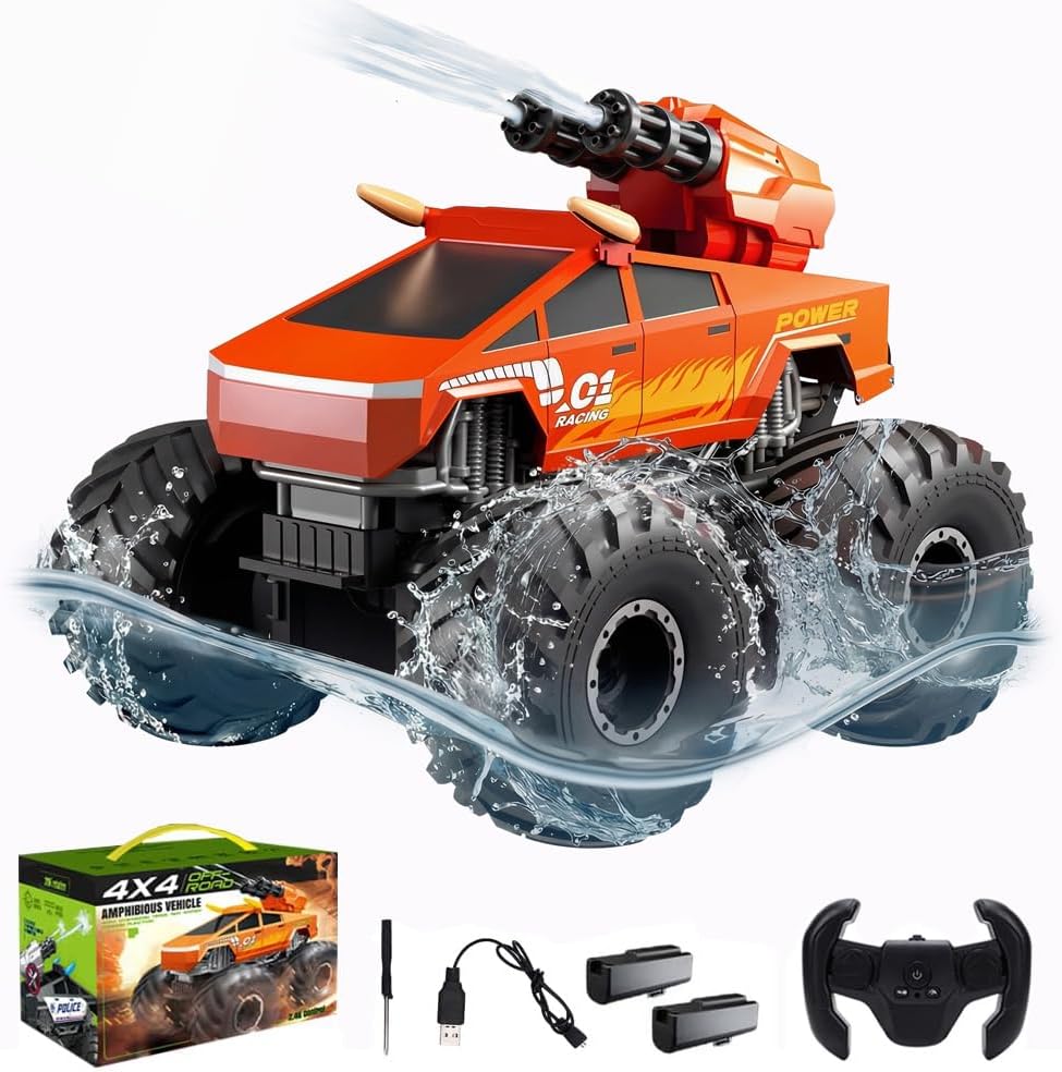 GoolRC Amphibious Remote Control Car, RC Boat with Water Gun, All Terrain Off Road Monster Trucks, 4WD 2.4GHz Waterproof RC Cars Pool Toys with 360° Rotation and 2 Batteries for Adults (Orange)