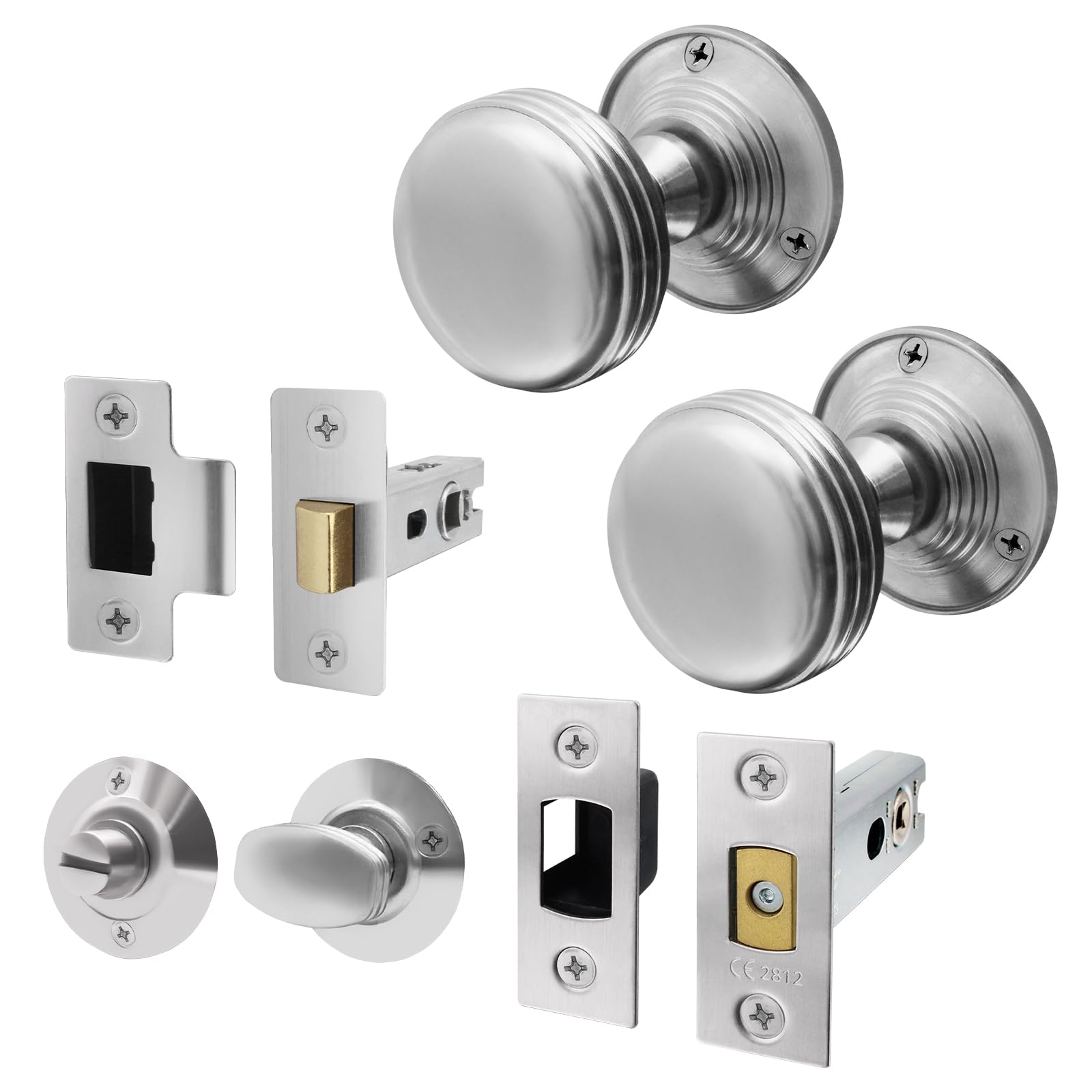 EAI Lined Door Knob Set Satin Chrome - 1 Pair of Mortice Knobs (55mm), Latch & Deadbolt Kit (76mm) & Turn & Release for Internal Doors